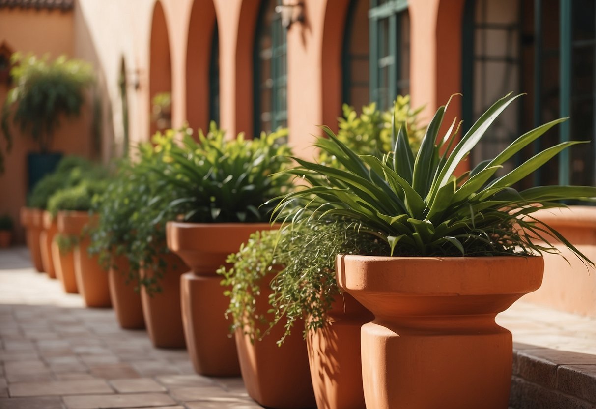 Terra cotta planters line a sun-drenched courtyard, surrounded by vibrant greenery and colorful Mediterranean tiles