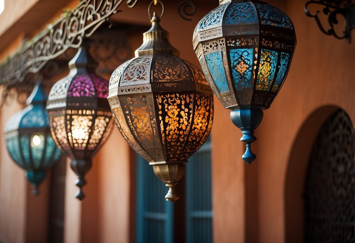 Colorful Moroccan lanterns hang from a wrought iron hook, casting intricate patterns of light and shadow on the walls of a Mediterranean-style home