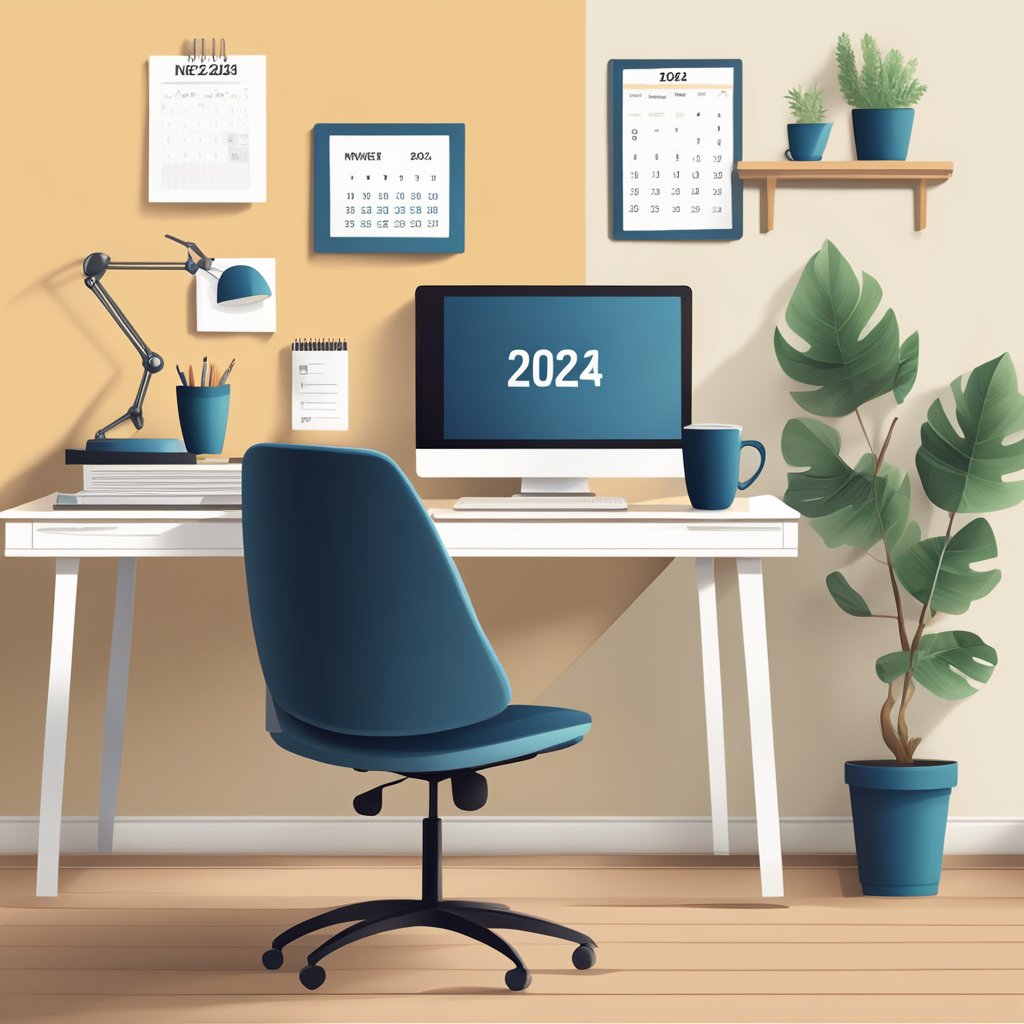 A cozy home office with a laptop, desk, and chair. A calendar on the wall shows the year 2024. A stack of papers and a cup of coffee sit on the desk