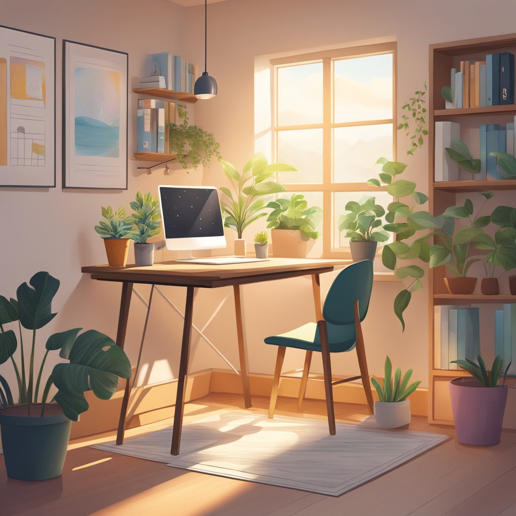 A cozy home office with a laptop, desk, and chair. Sunlight streams in through a window, illuminating plants and a bookshelf. A calendar on the wall shows the year 2024