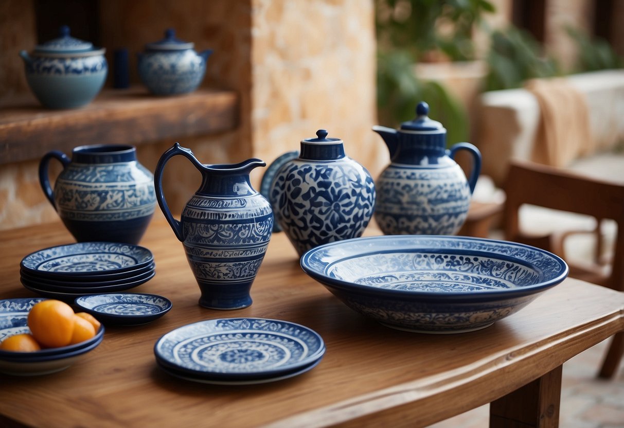 A table adorned with vibrant Mediterranean Blue Pottery, set against a backdrop of rustic Mediterranean home decor, with warm earthy tones and natural textures