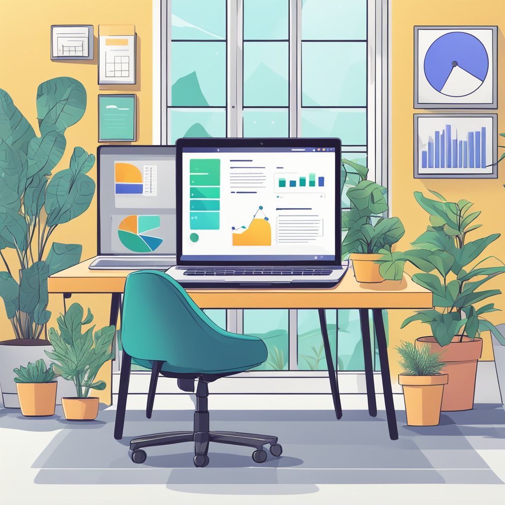 A laptop with a digital marketing and sales dashboard on the screen, surrounded by home office essentials like a desk, chair, and plants