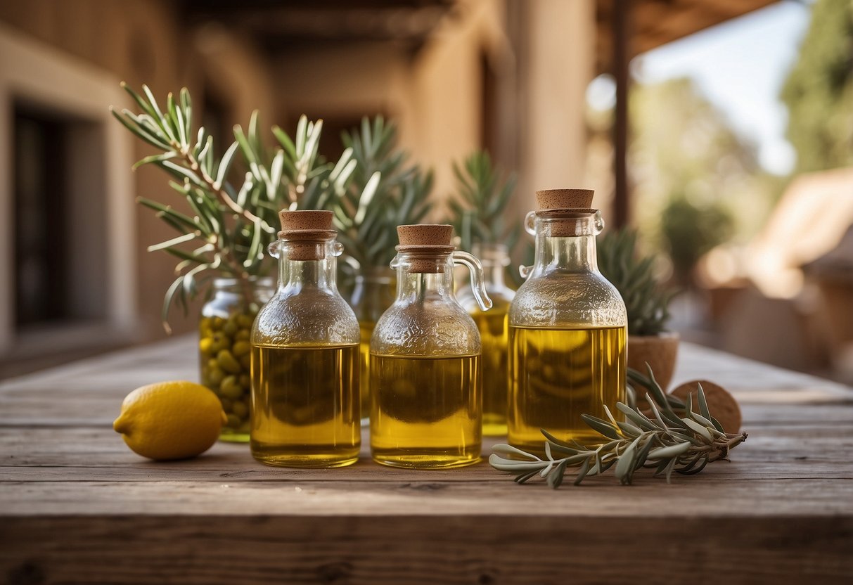 A rustic wooden table adorned with vintage olive oil jars, surrounded by Mediterranean home decor elements