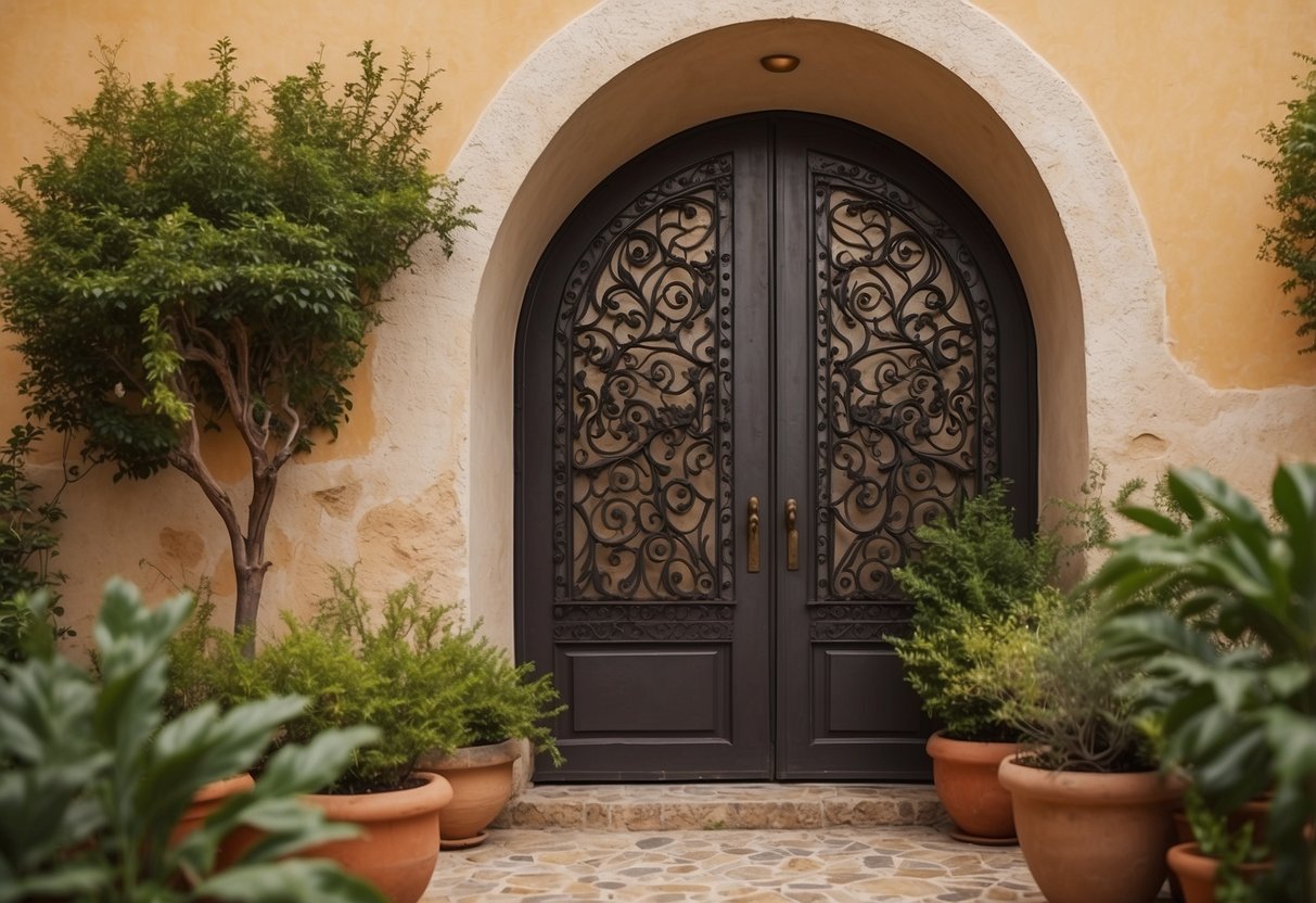 A wrought iron wall art piece hangs on a stucco wall, surrounded by vibrant Mediterranean plants and a rustic wooden door