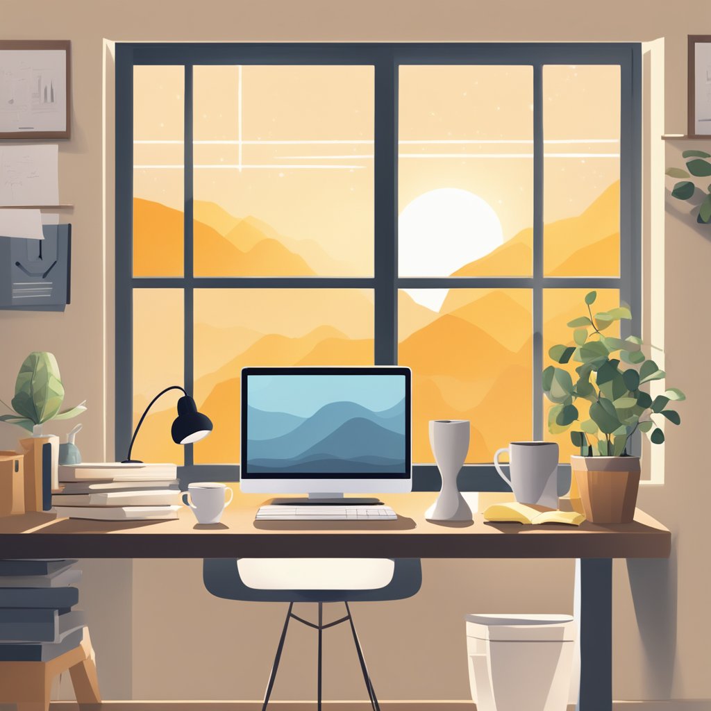 A cozy home office with a computer, notebook, and coffee mug. A calendar on the wall shows the year 2024. Sunlight streams in through the window, creating a warm and inviting atmosphere