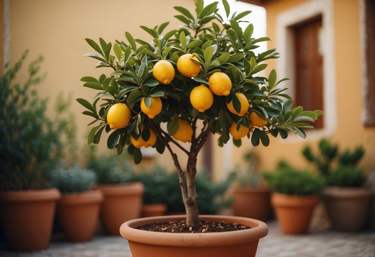 A lemon tree sits in a terracotta pot, surrounded by Mediterranean home decor