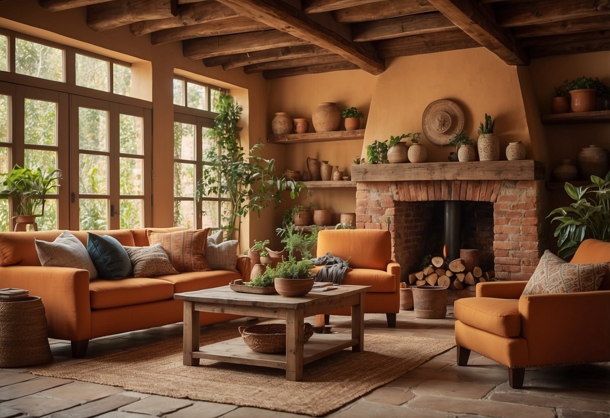 A cozy living room with exposed rustic wooden beams, adorned with Mediterranean home decor such as terracotta pottery, woven textiles, and earthy color palettes