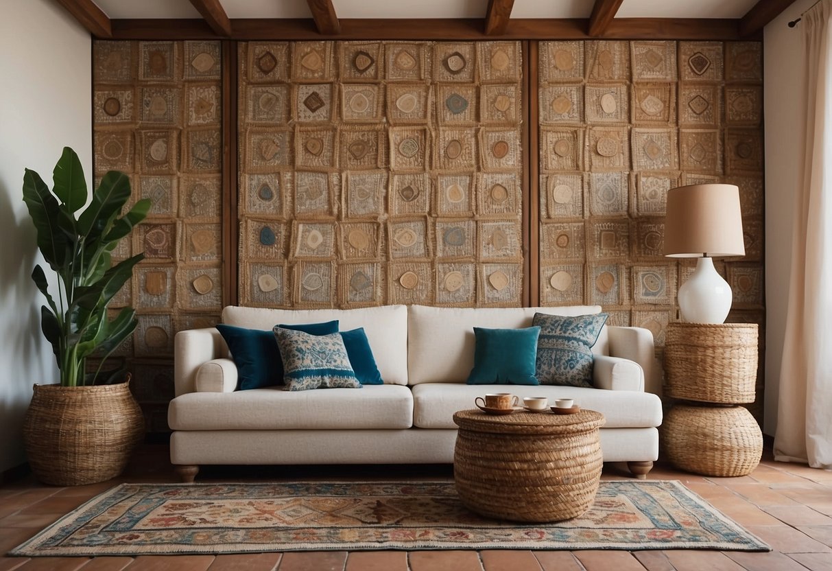 A cozy living room with textured walls, patterned rugs, and woven baskets. A rustic wooden coffee table and colorful ceramic tiles add to the Mediterranean charm