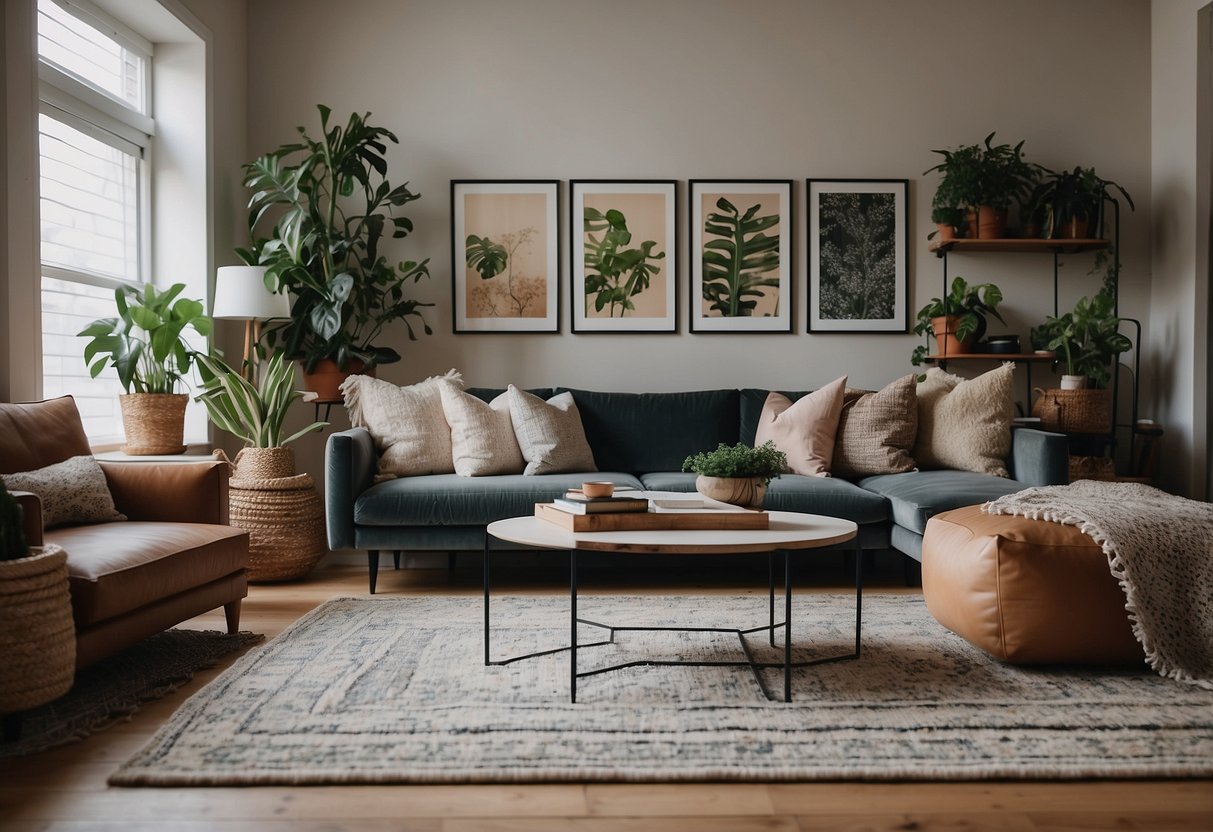 A cozy living room with a large, plush sectional sofa, a coffee table with decorative accents, and a statement rug. A gallery wall of artwork and shelves with plants and books complete the look