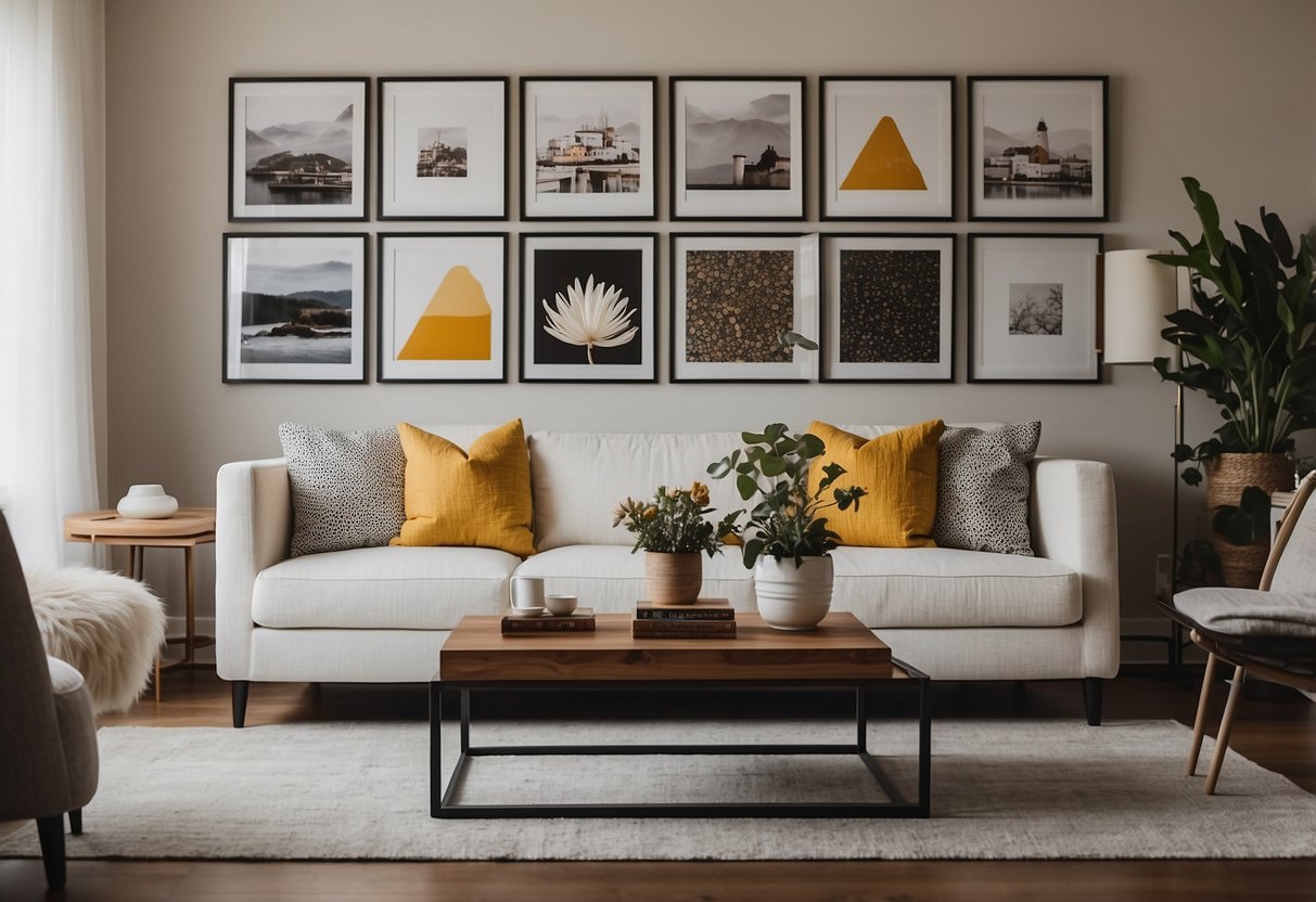 A cozy living room with a gallery wall of framed art prints in various sizes and styles, arranged symmetrically above a comfortable sofa