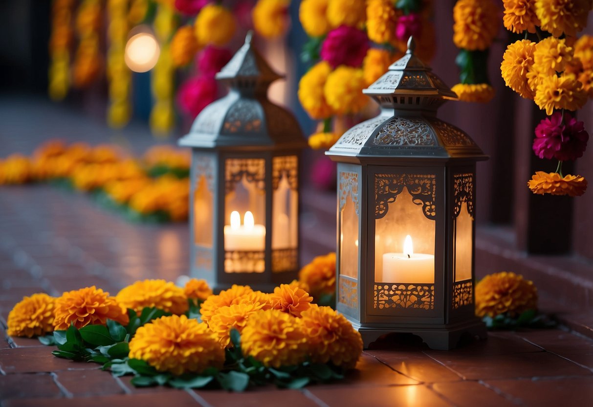 Colorful diyas and lanterns adorn the entrance, while rangoli designs in vibrant hues decorate the floor. Marigold and jasmine garlands hang from the walls, creating a festive and inviting atmosphere