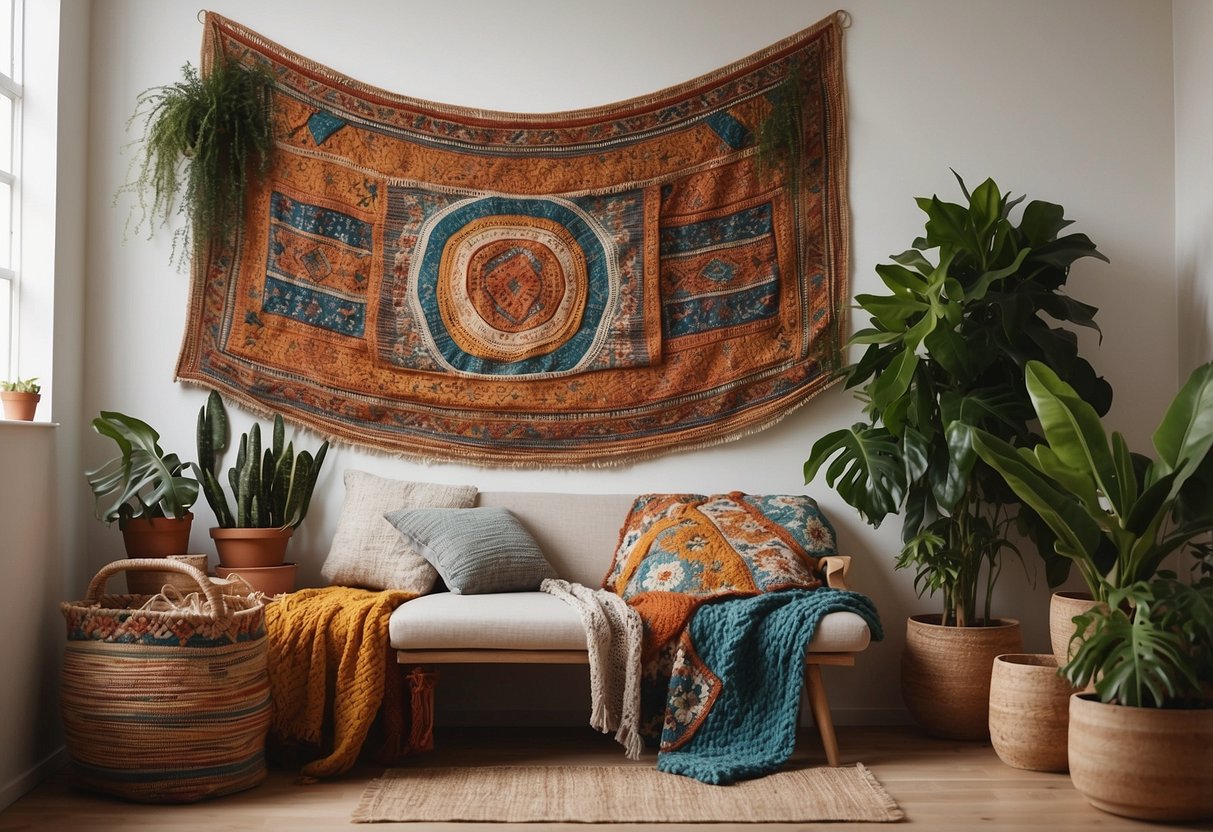 A vibrant tapestry hangs on a whitewashed wall, surrounded by potted plants and colorful woven baskets. A low wooden table displays handcrafted pottery and traditional textiles