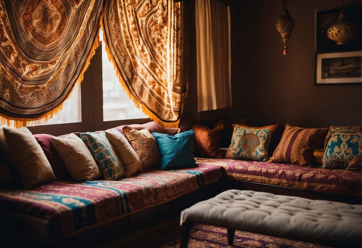 Vibrant Indian block-printed fabrics adorn a cozy living room, draping over cushions and hanging as tapestries. Rich colors and intricate patterns add cultural flair to the space