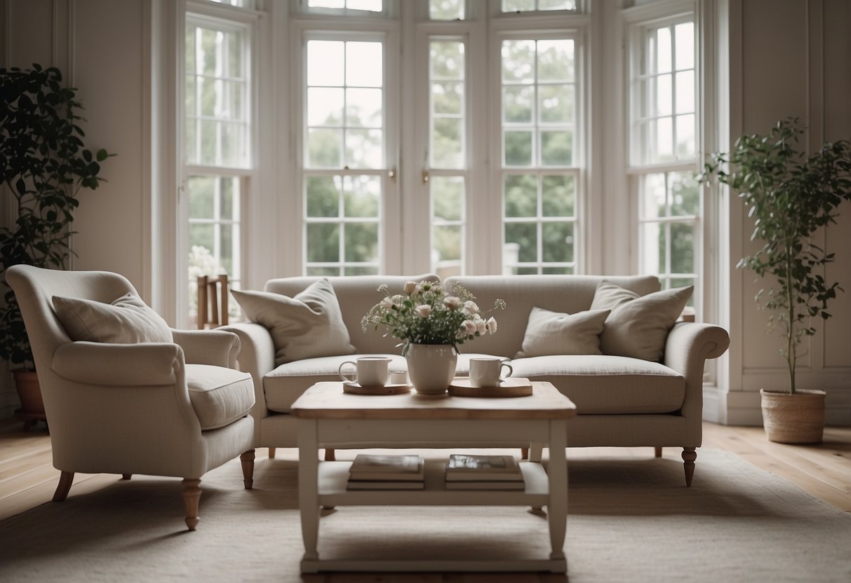 A cozy living room with Swedish Gustavian chairs, soft lighting, and neutral colors creating a serene and elegant atmosphere