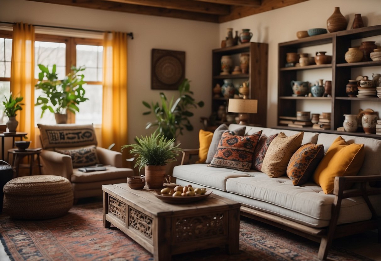 A cozy living room with diverse cultural decor, including handmade textiles, traditional pottery, and unique art pieces from around the world