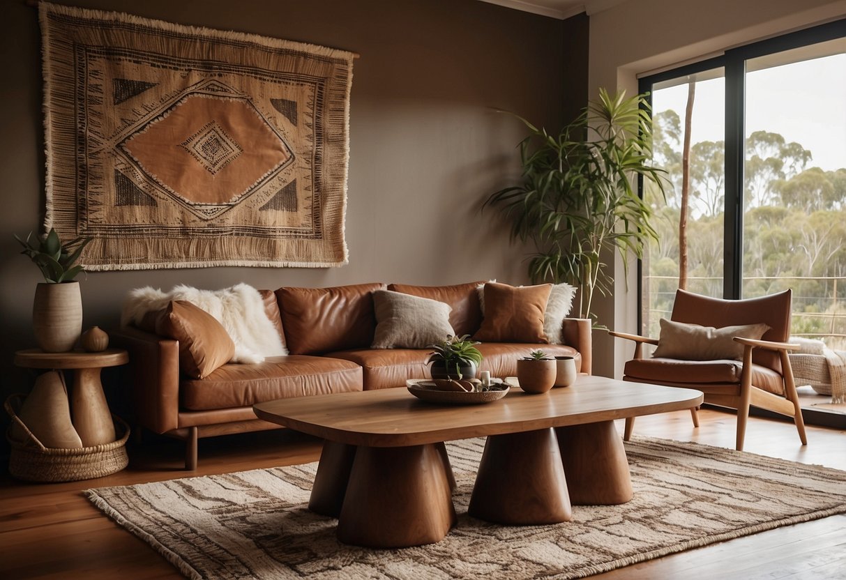 A cozy living room with earthy tones, wooden furniture, and indigenous Australian art on the walls. A kangaroo hide rug adds a touch of outback charm