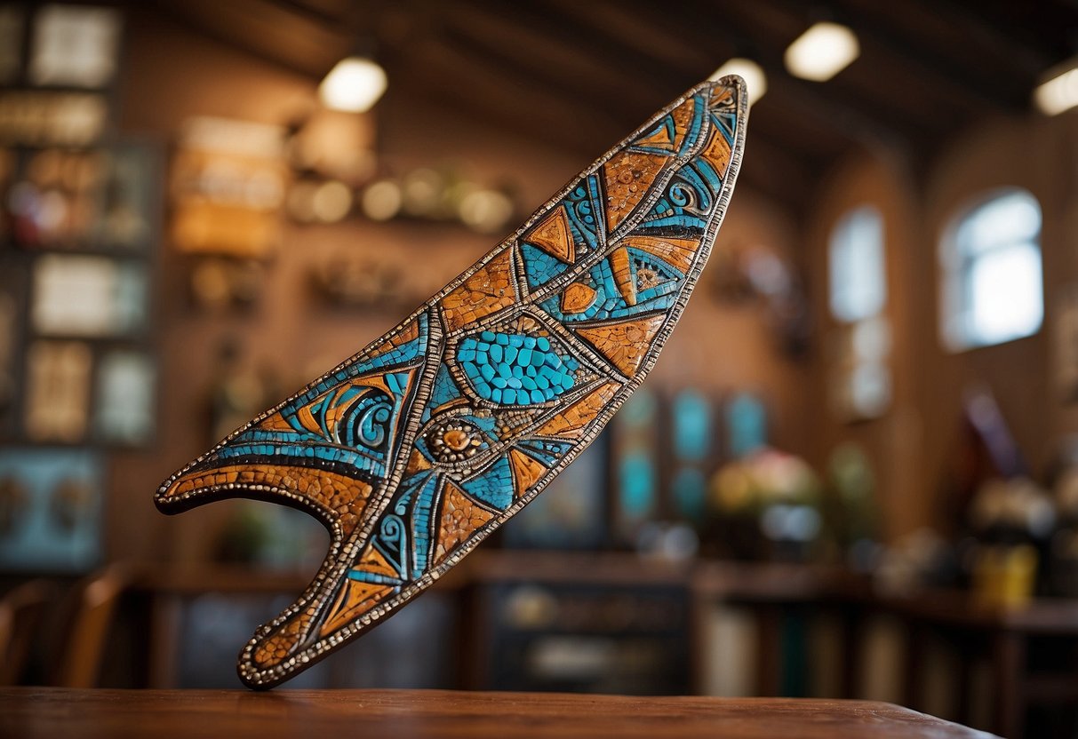 A boomerang hangs on a rustic wall, surrounded by indigenous Australian art and decor. Vibrant colors and intricate patterns bring the space to life