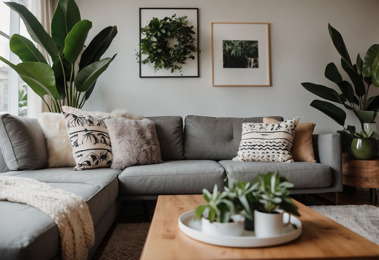 A cozy living room with koala throw pillows on a modern sofa, surrounded by Australian-themed decor and lush green plants