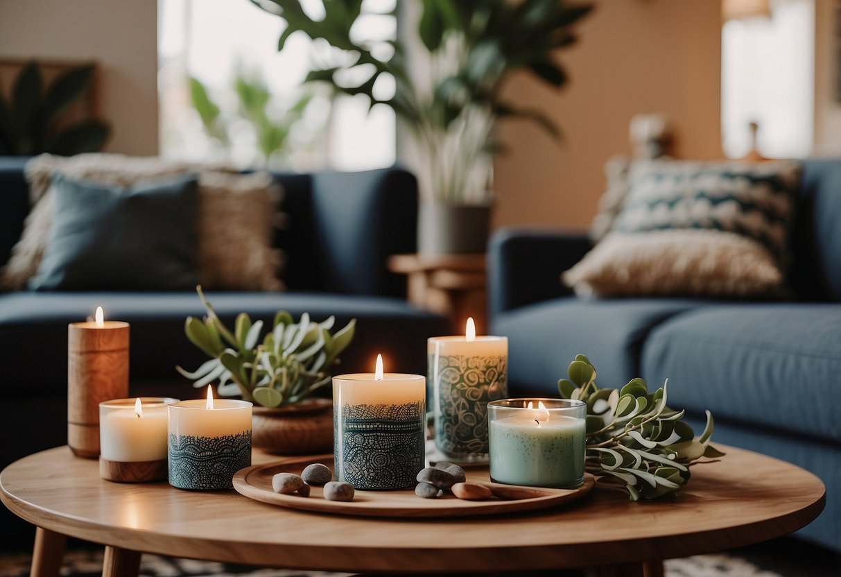 A cozy living room with eucalyptus scented candles on a wooden coffee table, surrounded by Australian inspired decor like boomerangs and aboriginal art