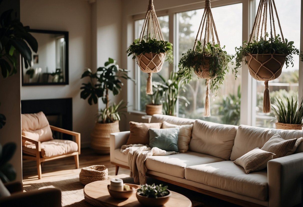 A cozy living room with natural light, adorned with macrame plant hangers hanging from the ceiling, adding a touch of bohemian style to the Australian home decor