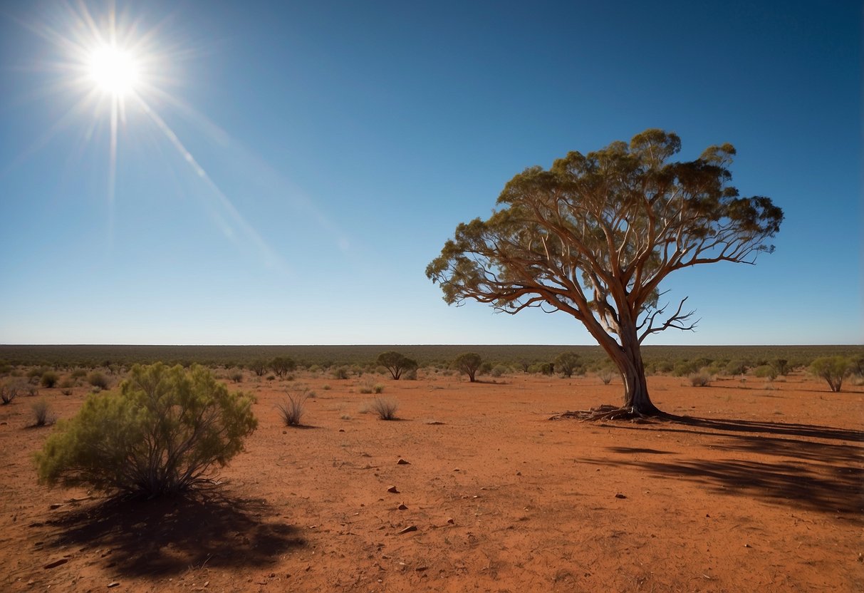 A vast outback landscape with red dirt, sparse greenery, and a clear blue sky. A lone gum tree stands in the distance, casting a long shadow