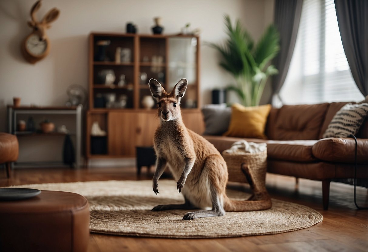 A cozy living room with a kangaroo leather rug as the centerpiece, surrounded by Australian-themed decor and furniture