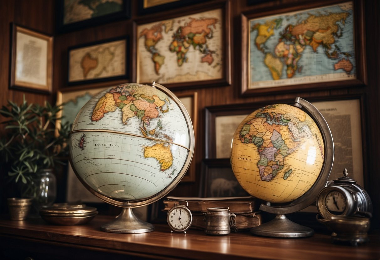 A rustic wooden table displays vintage maps of Australia, surrounded by antique globes and travel souvenirs. A wall adorned with framed maps serves as a backdrop for the cozy Australian home decor