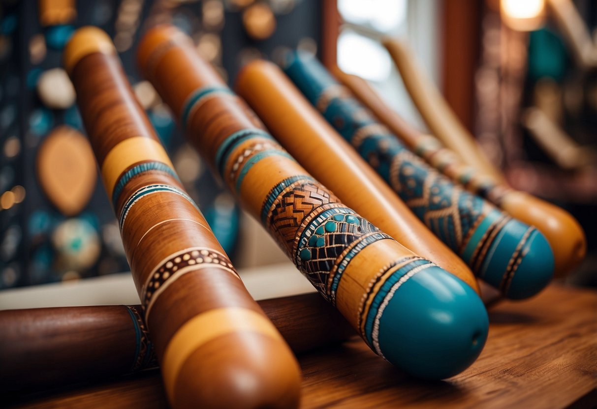 Vibrant didgeridoo sculptures displayed against a backdrop of Australian-inspired home decor, featuring earthy tones and indigenous patterns