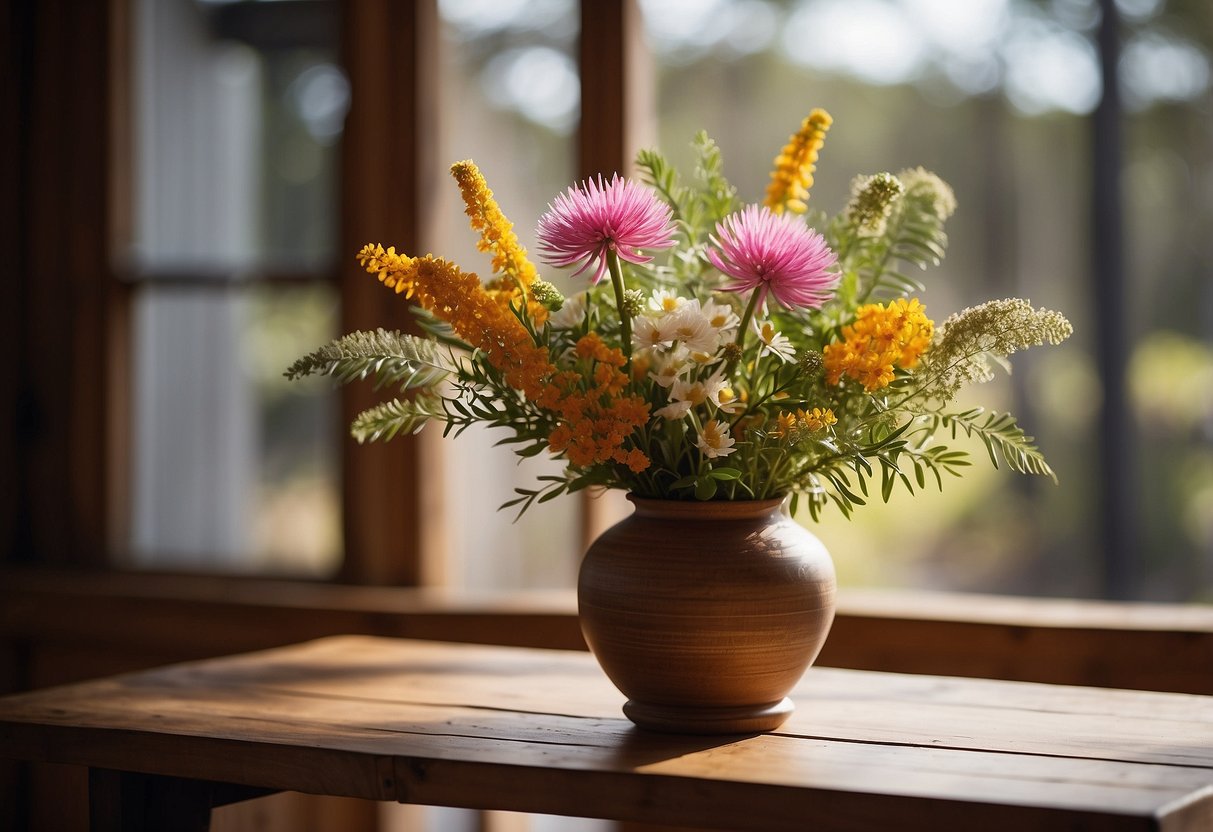 Vibrant Australian native flowers arranged in a rustic vase on a timber table with soft natural light streaming in from a nearby window