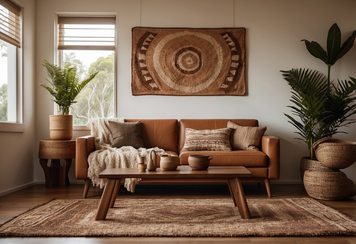 A cozy living room with earthy tones, wooden furniture, and indigenous art. A kangaroo skin rug and boomerang on the wall add authentic Australian touches