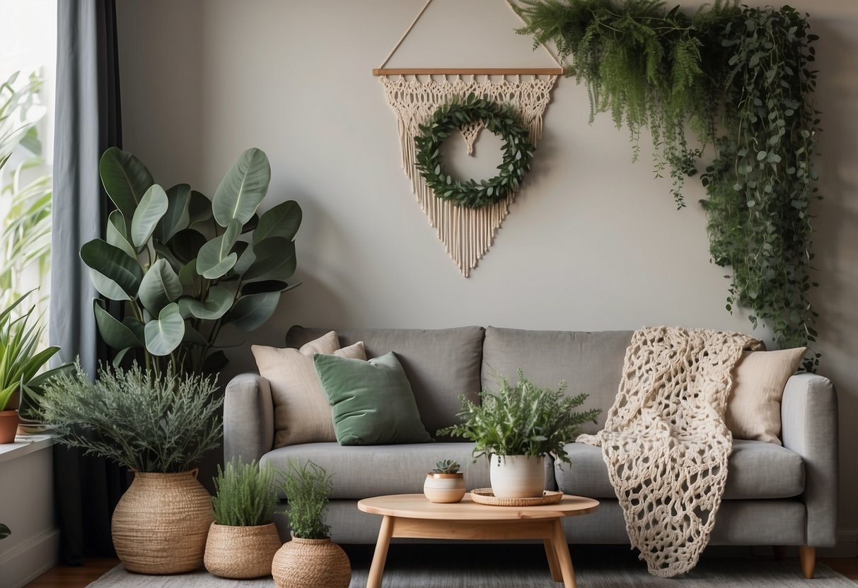 A cozy living room with a handmade macrame wall hanging, eucalyptus wreath, and boomerang-shaped shelf with native Australian plants