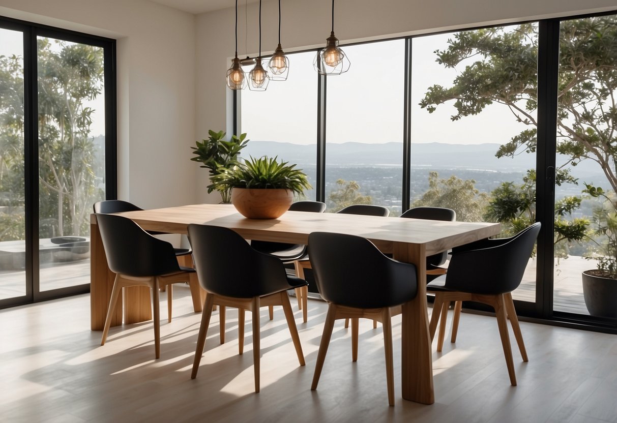 A modern dining room with a sleek wooden table, minimalist black chairs, and a statement lighting fixture hanging above. A large window lets in natural light, and a potted plant adds a touch of greenery