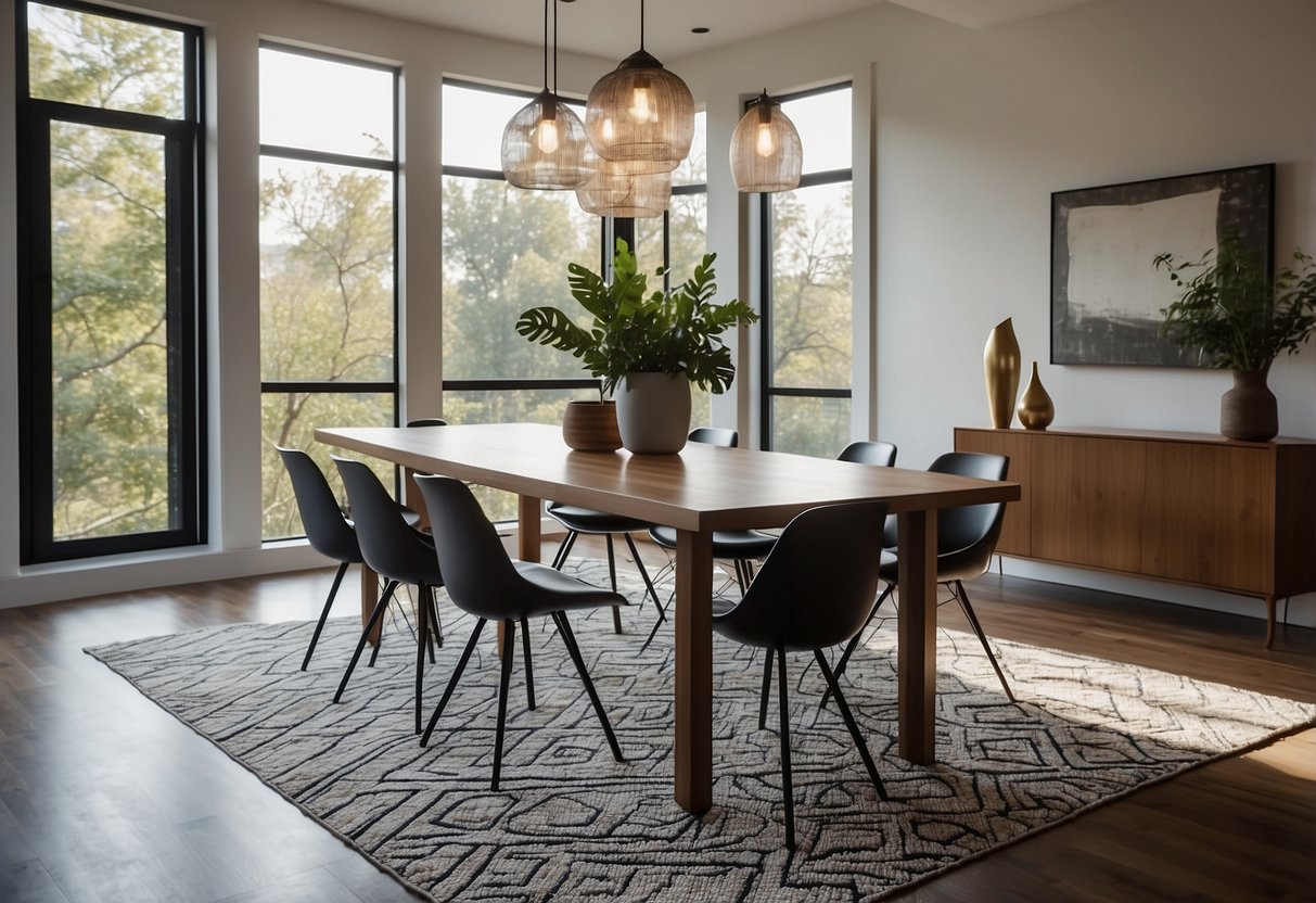 A modern dining room with a geometric area rug under a sleek table and chairs, with minimalist decor and natural light streaming in through large windows