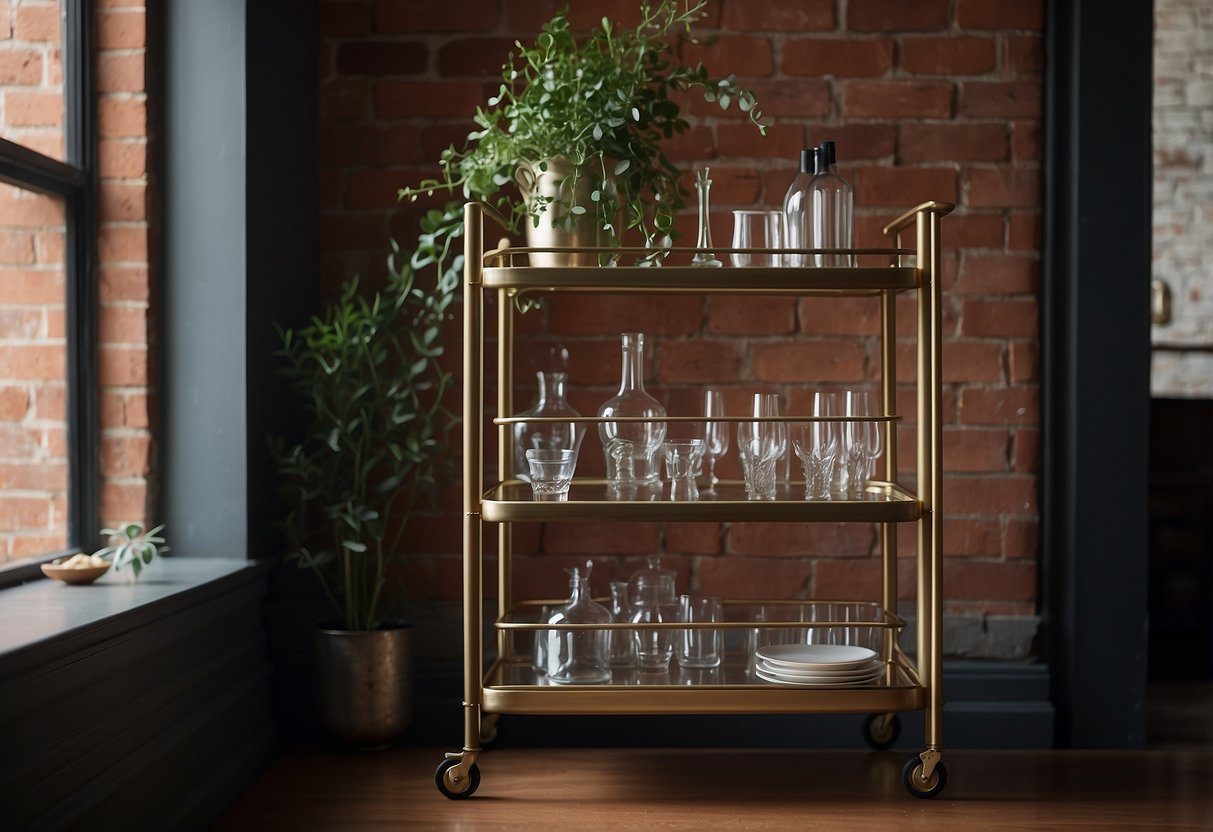 A sleek industrial bar cart sits against a brick wall in a dining room, adorned with metallic accents and glassware. A vintage pendant light illuminates the space, creating a modern and sophisticated atmosphere