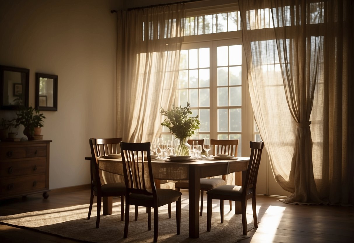 Sunlight filters through sheer linen curtains, casting a soft glow over a rustic dining table set with simple, elegant decor