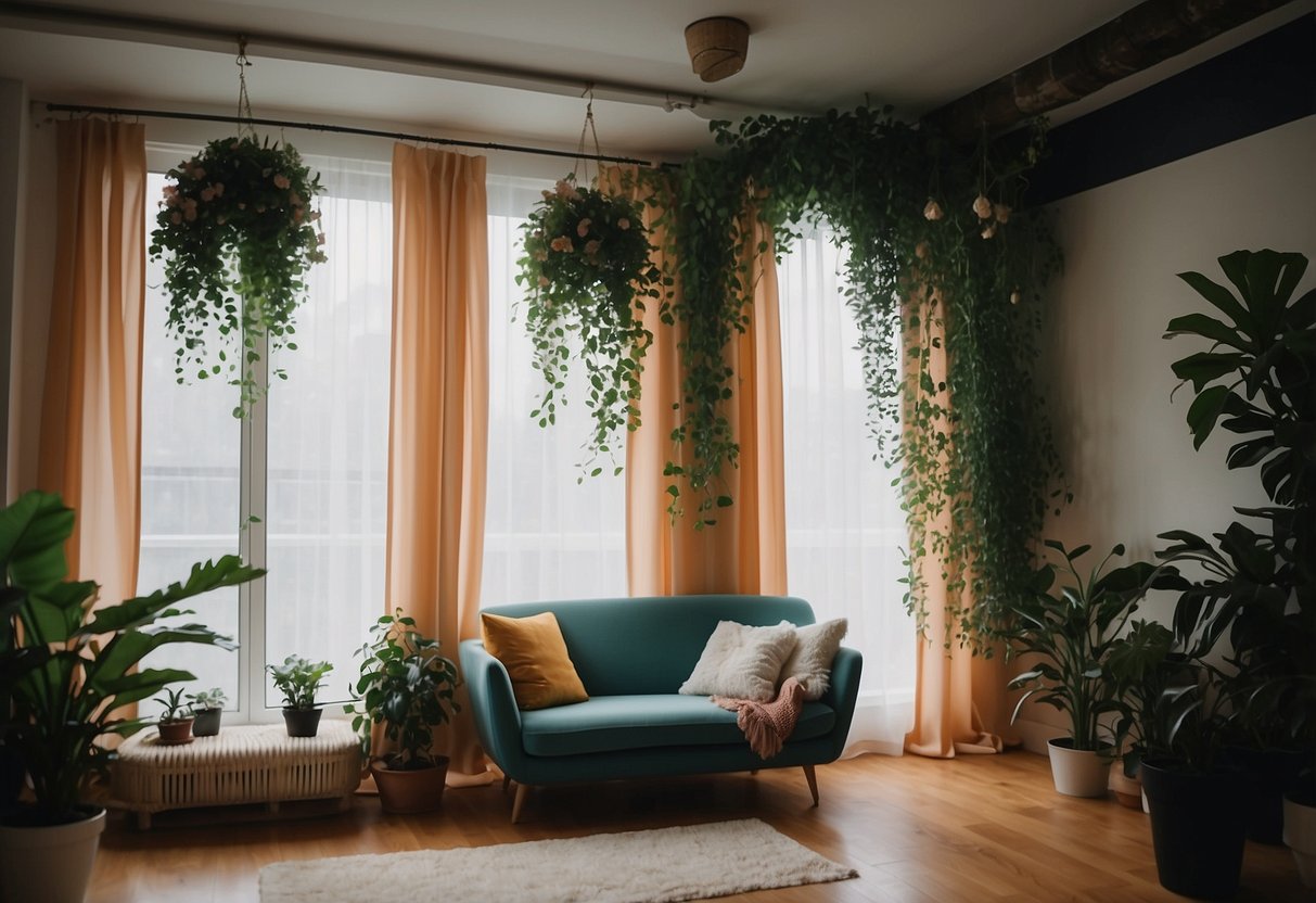 A colorful curtain hanging in a well-lit room with potted plants and cozy furniture