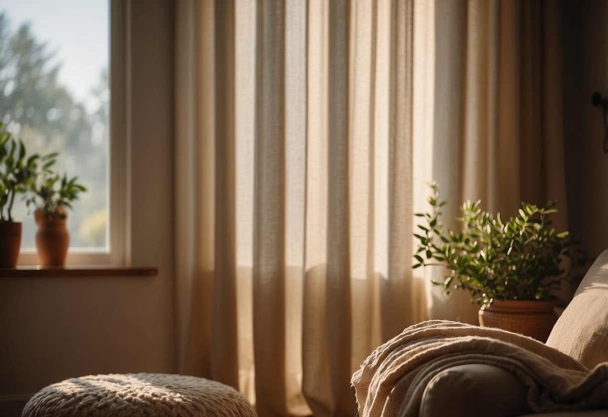 Sunlight filters through linen textured curtains, casting a soft, warm glow in a cozy living room. The curtains hang elegantly, adding a touch of sophistication to the home decor