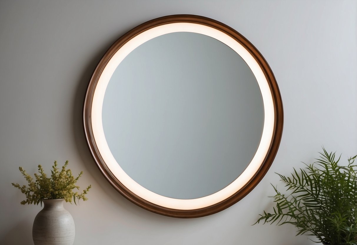 A circle mirror hangs on a white wall, reflecting light and adding depth to the room's decor