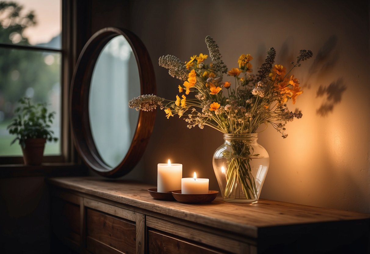 A vintage round wall mirror hangs above a rustic wooden console, reflecting the warm glow of a candle and a vase of wildflowers