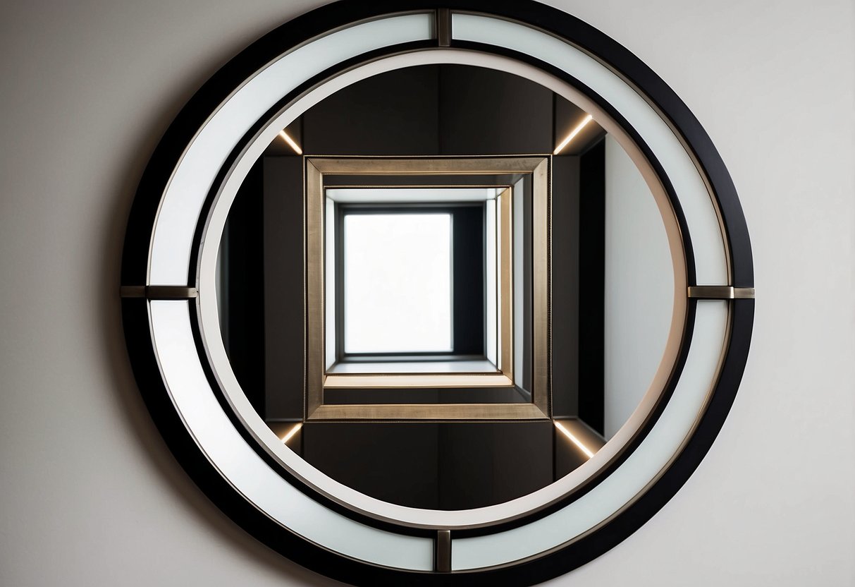 A circular metal frame mirror hangs on a white wall, reflecting the room's geometric decor