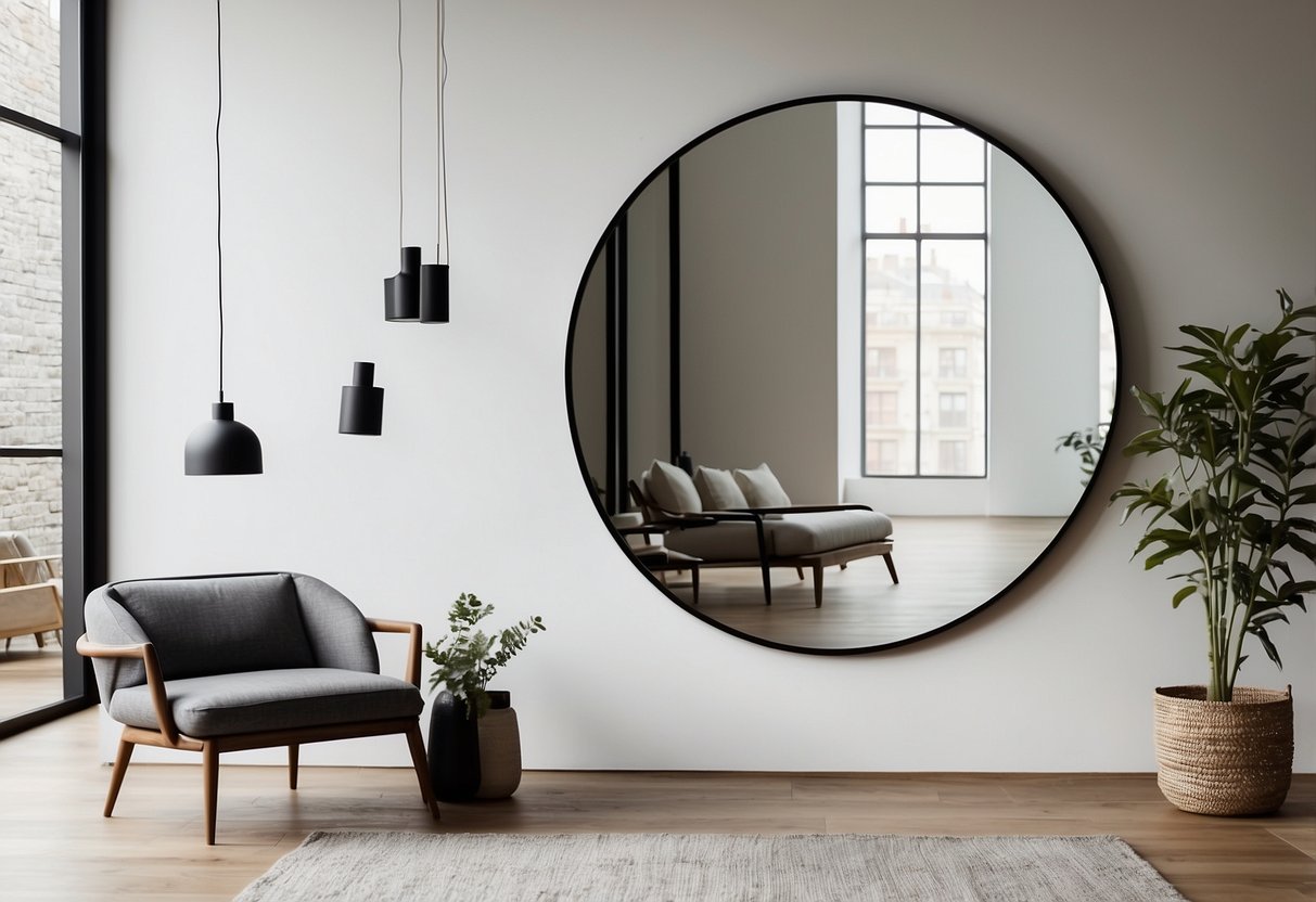 A modern frameless circle mirror hangs on a white wall with minimalist home decor