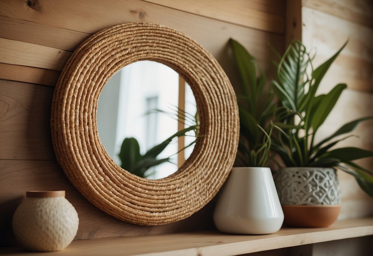 A round rattan mirror hangs on a boho-inspired wall, surrounded by eclectic home decor items