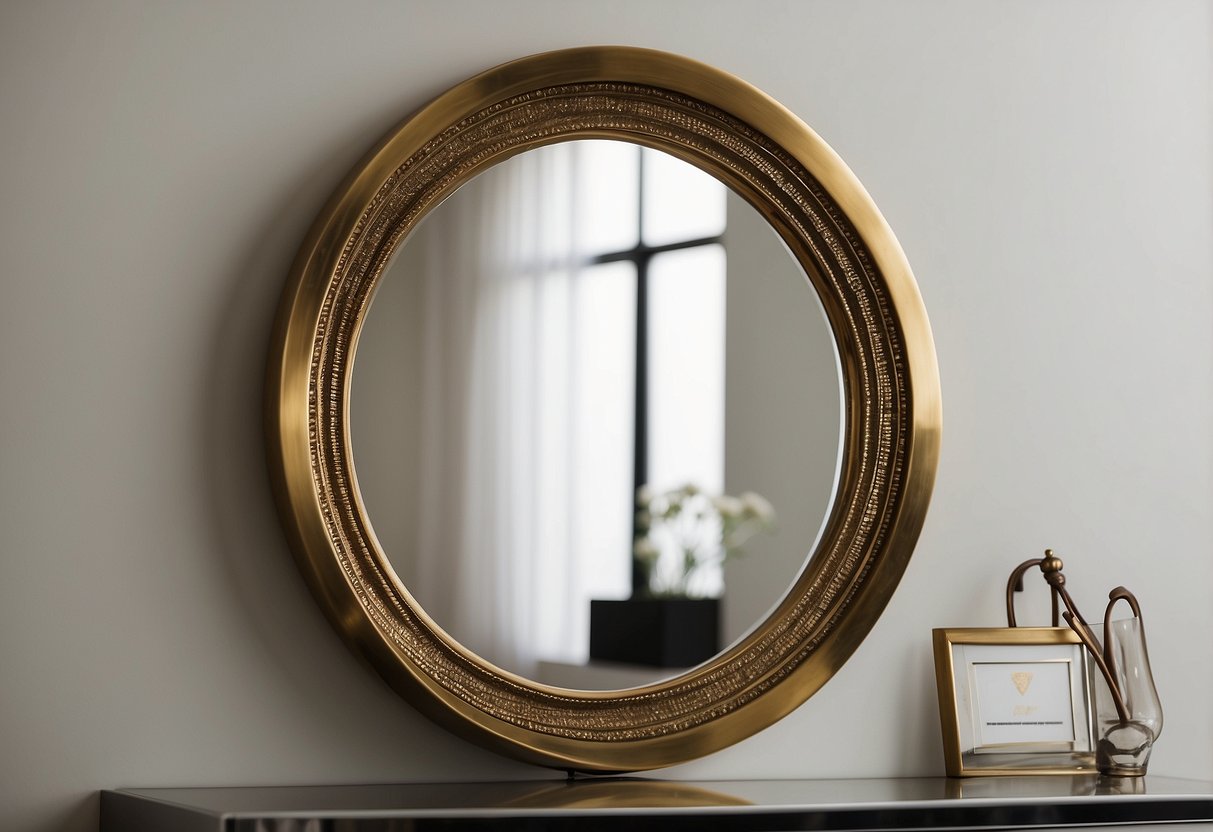 An antique brass circle mirror hangs on a white wall, reflecting the room's decor and adding a touch of vintage elegance