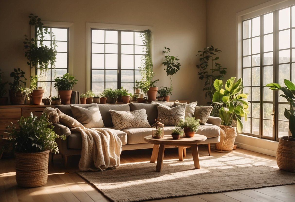 A cozy living room with natural wood furniture, woven rugs, potted plants, and soft earth-toned textiles. Sunlight streams in through large windows, casting a warm glow over the space