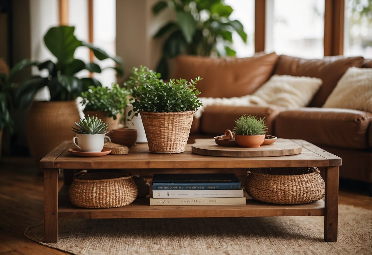 A vintage wooden coffee table sits in a cozy living room, adorned with earthy decor like potted plants, woven baskets, and a stack of old books