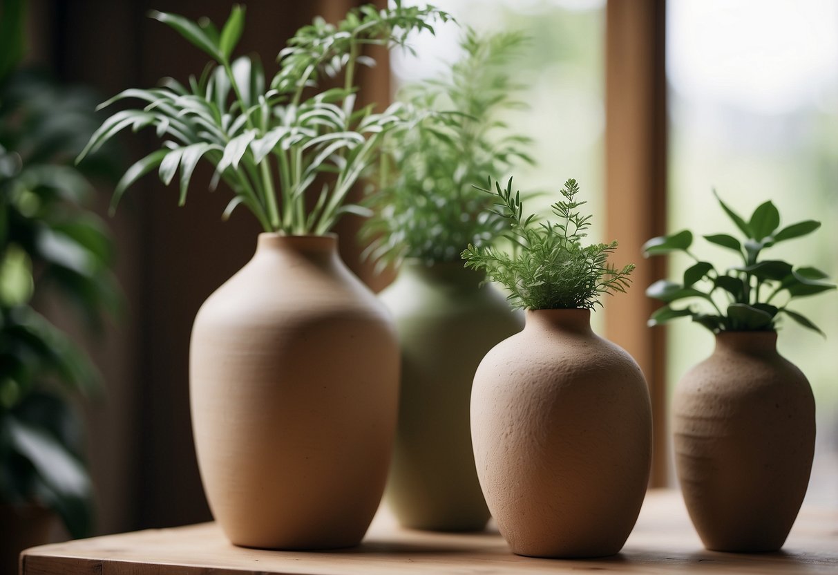 Three handcrafted clay vases sit on a rustic wooden shelf, surrounded by green plants and natural light, creating an earthy and cozy home decor scene