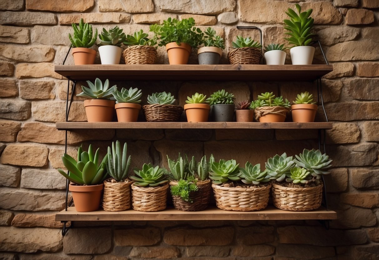 Reclaimed wood shelves hang on a natural stone wall, adorned with potted succulents and woven baskets. Soft lighting highlights the earthy textures and warm tones of the rustic home decor