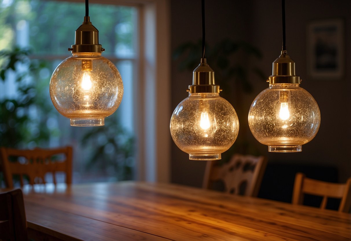 Three pendant lights made of recycled glass hanging above a wooden dining table, casting a warm and earthy glow in a cozy home setting