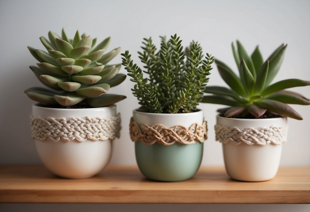 Three ceramic herb planters arranged on a wooden shelf against a white wall, surrounded by hanging macrame plant holders and potted succulents