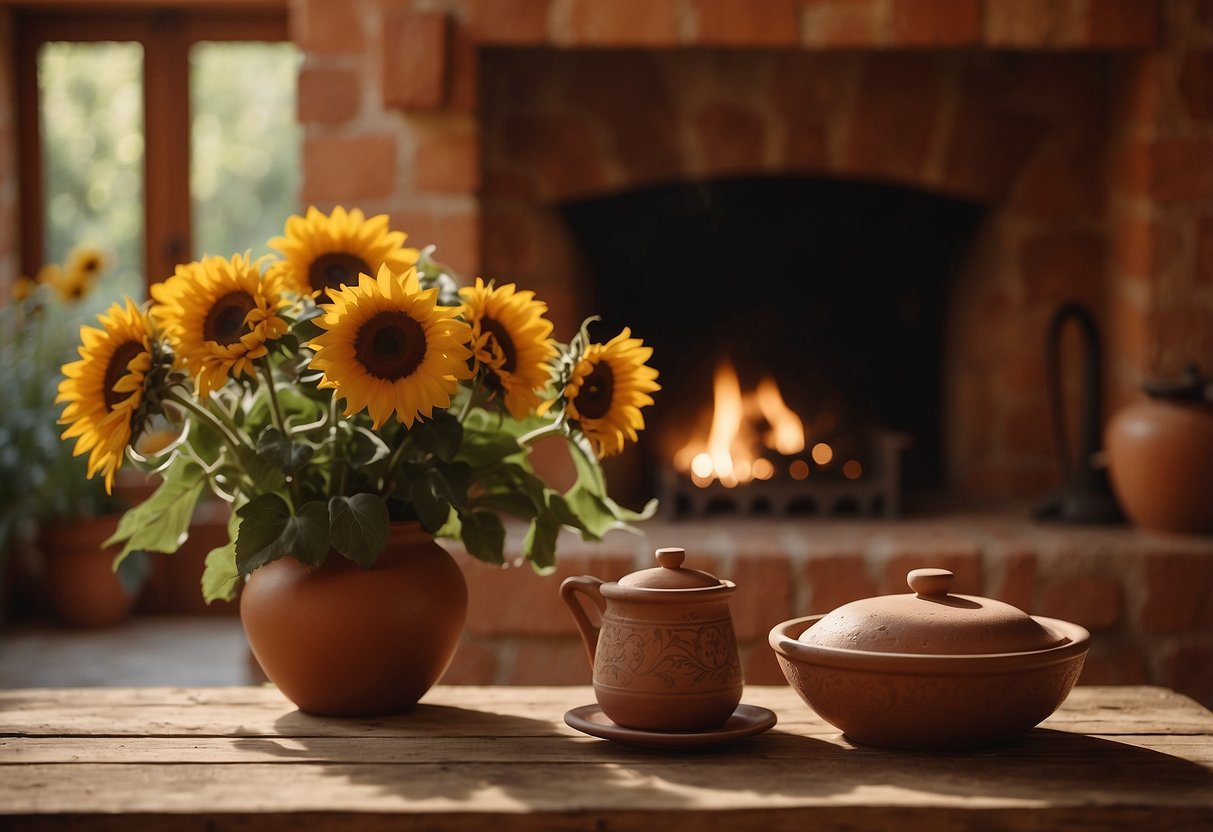 A cozy Tuscan home with terracotta tiles, wrought iron accents, and earthy tones. A rustic wooden table adorned with pottery and a vase of sunflowers. A warm fireplace with a crackling fire completes the inviting scene